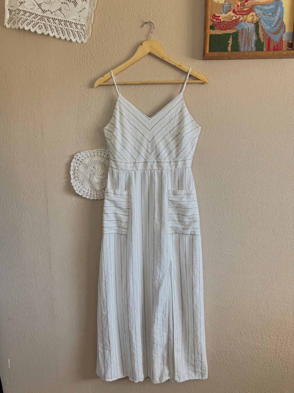 Monteau White Striped Maxi Sundress with Pockets | Size Large / Linen blend